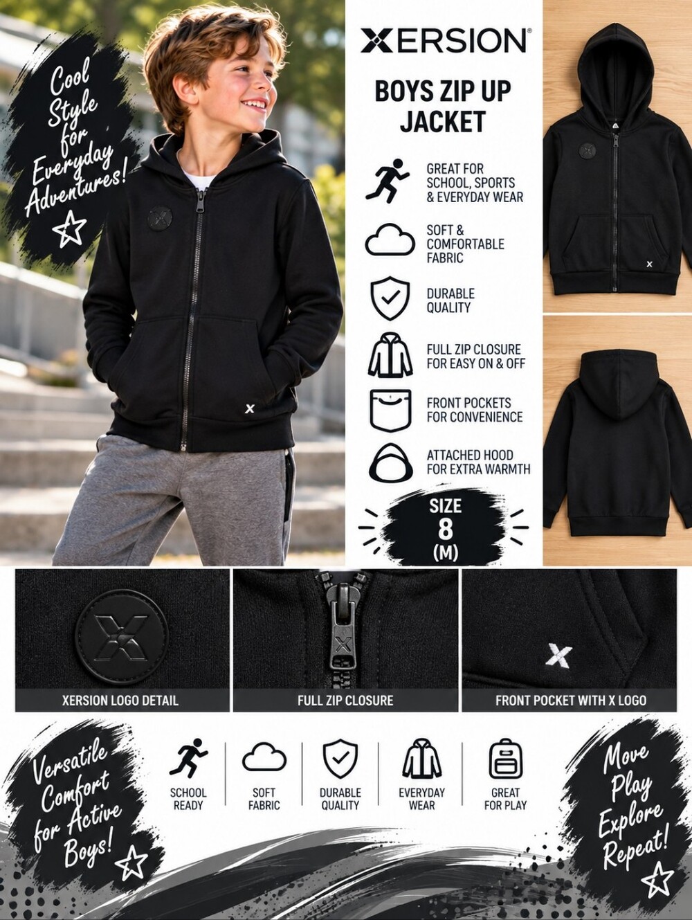Xersion boys size 8 black zip up jacket #35